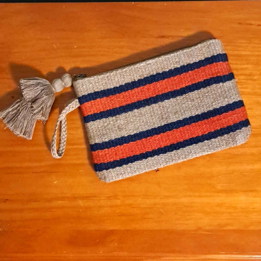 J.Jill jute clutch bag navy orange stripe zip India.